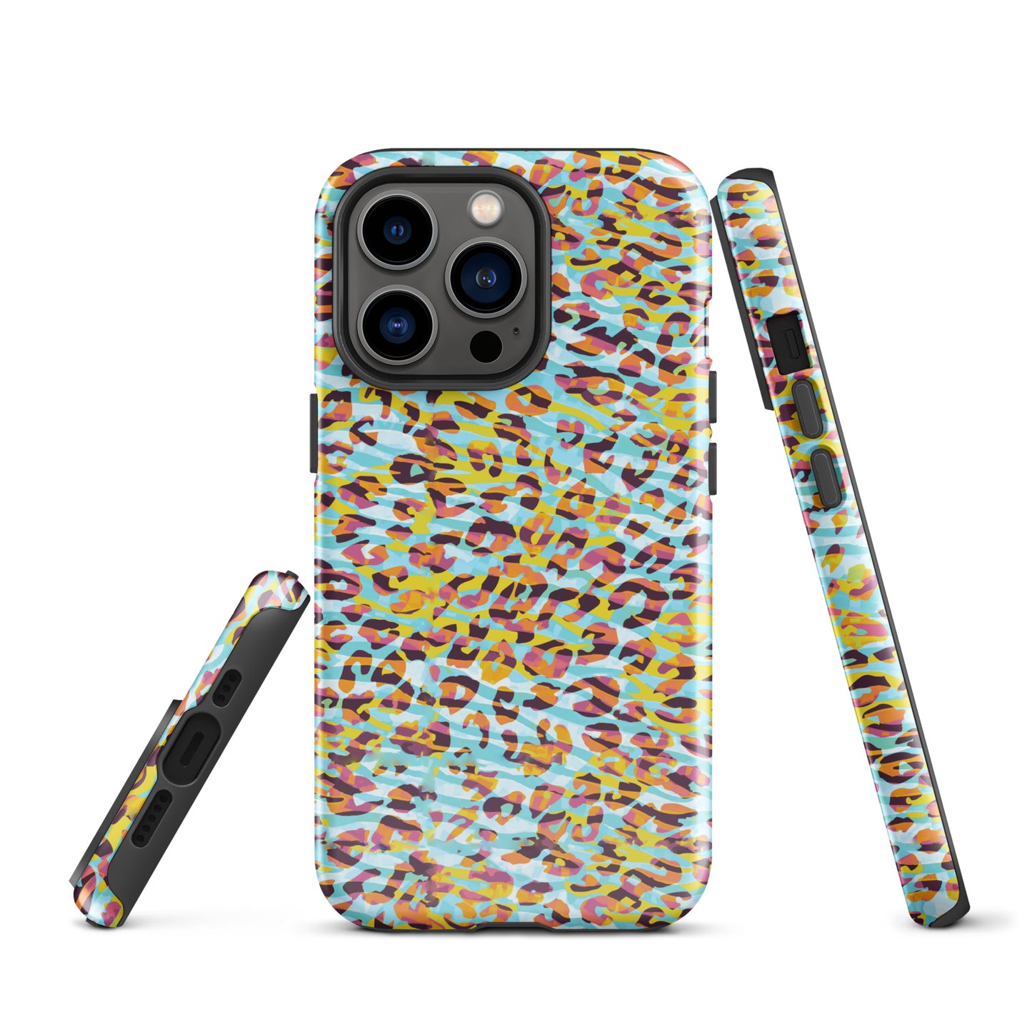 Tough Case for iPhone®- Zebra and Leopard Print Cyan with Yellow