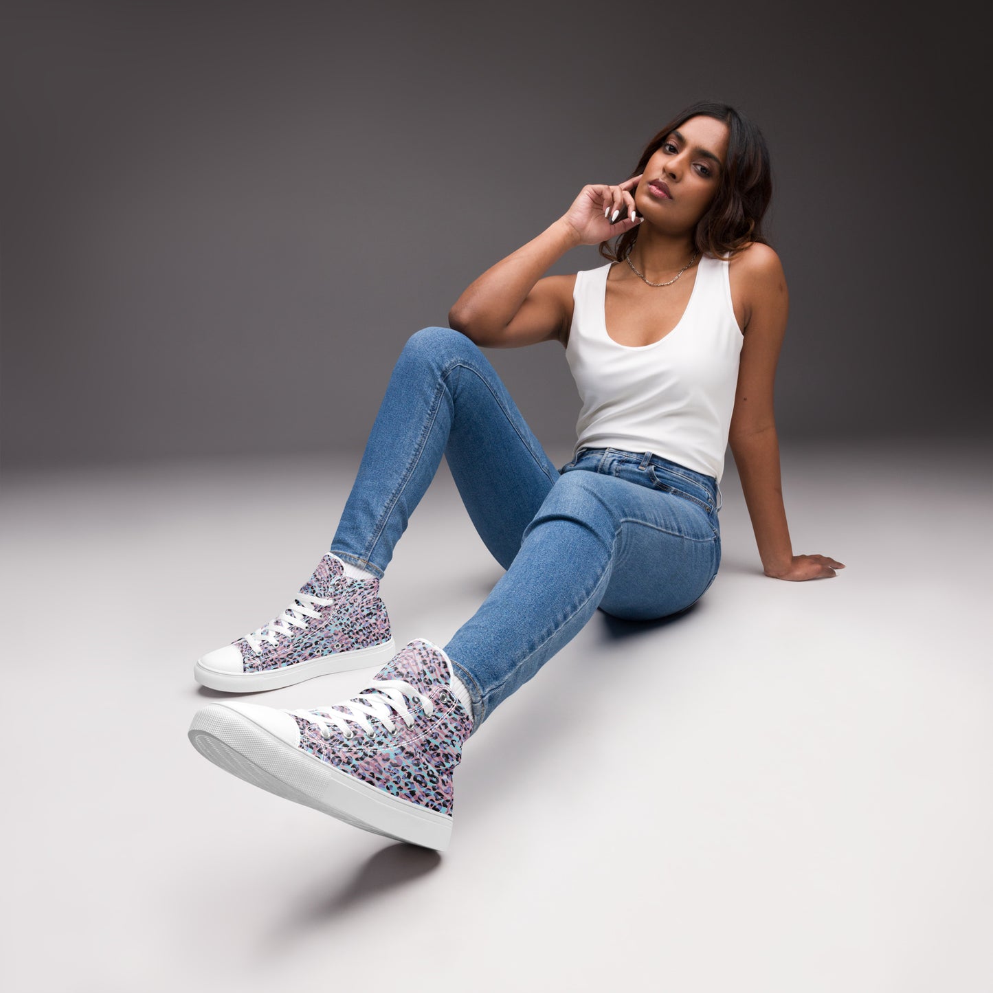 Women’s high top canvas shoes- Zebra and Leopard Print Pink with Cyan