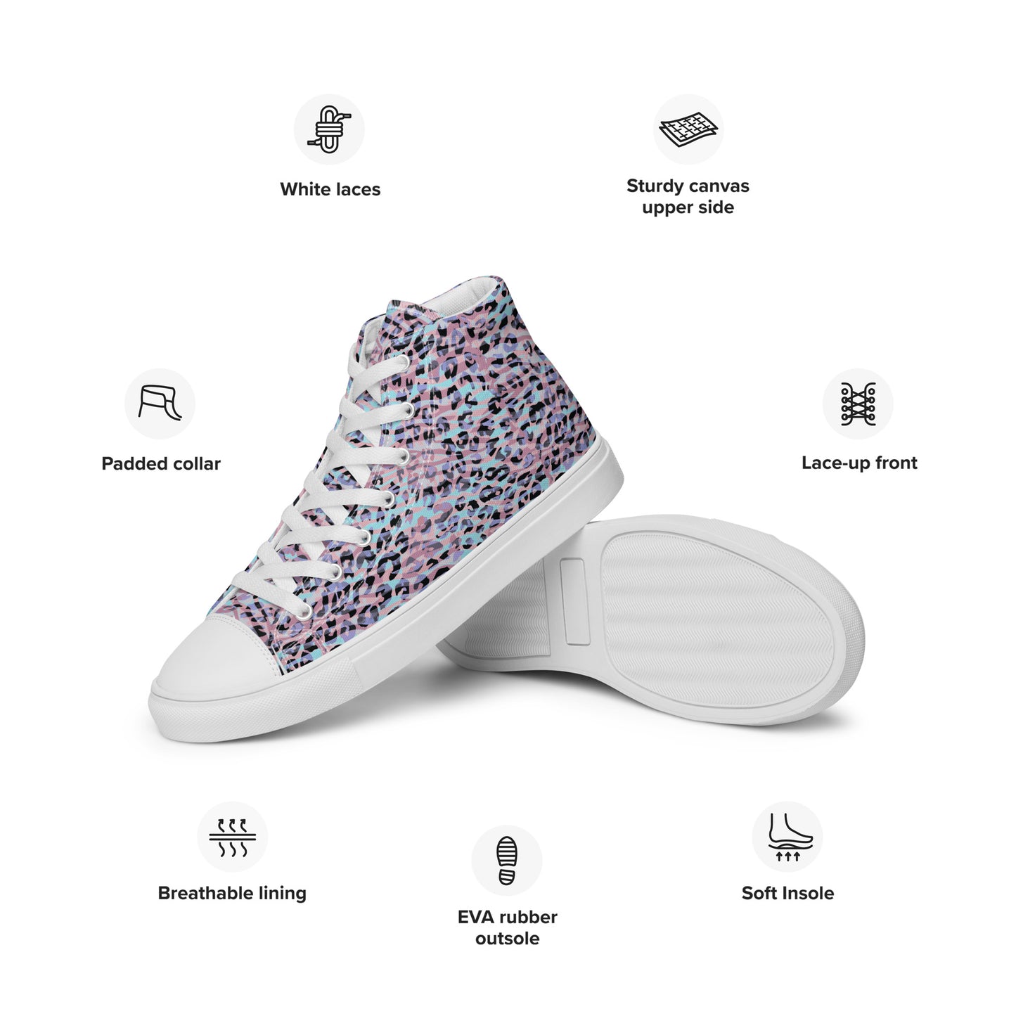 Women’s high top canvas shoes- Zebra and Leopard Print Pink with Cyan