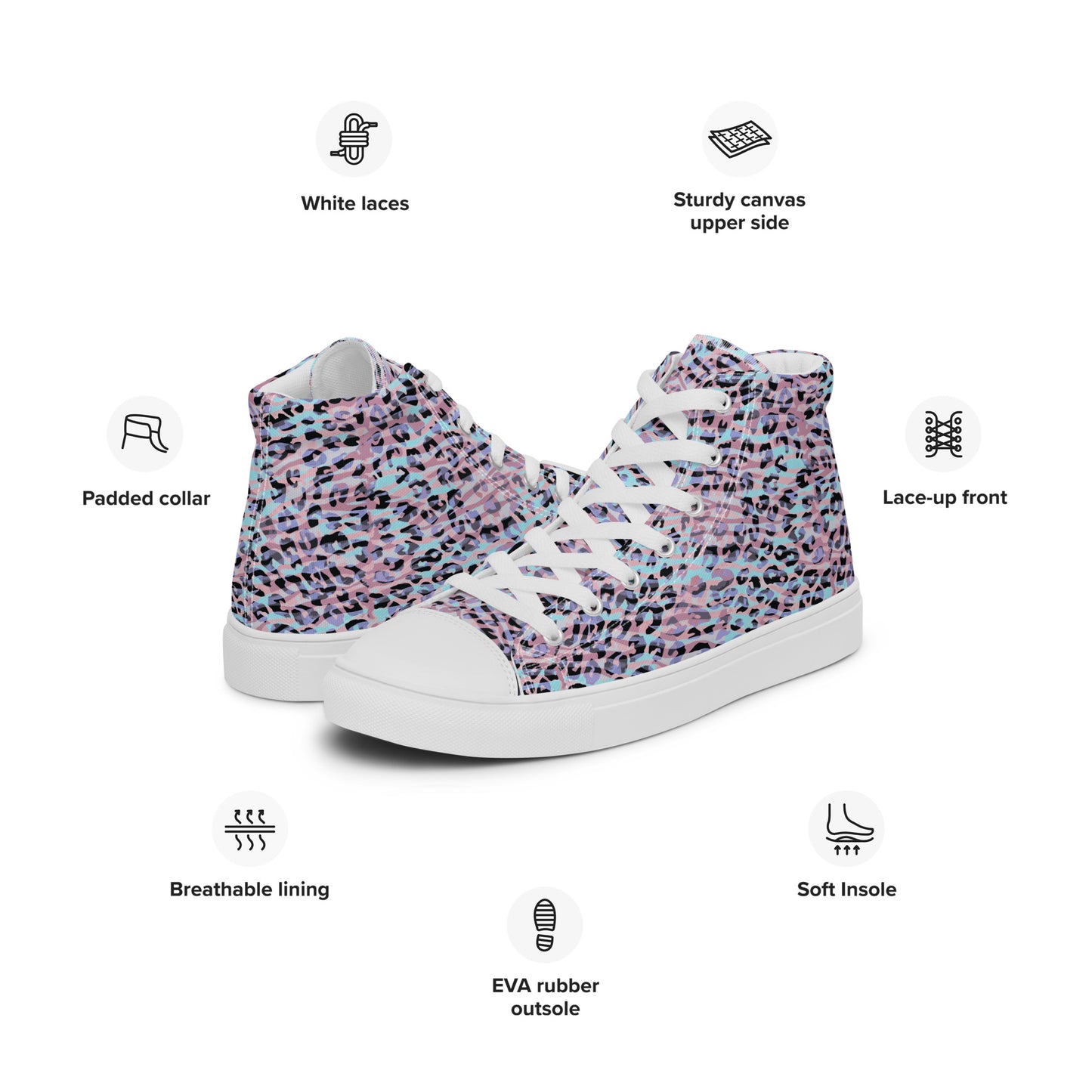 Women’s high top canvas shoes- Zebra and Leopard Print Pink with Cyan