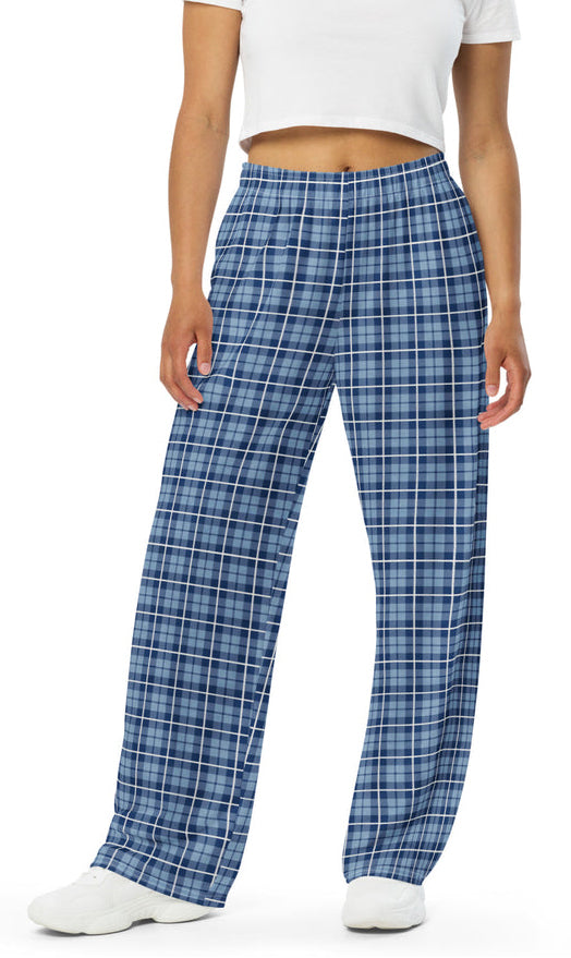 unisex wide-leg pants- Tartan Light Blue