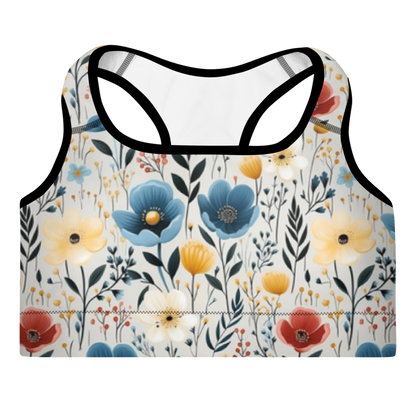 A multicolored floral sports bra with a scoop neckline and racerback design.