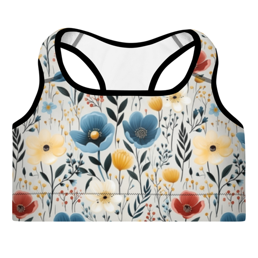 A multicolored floral sports bra with a scoop neckline and racerback design.