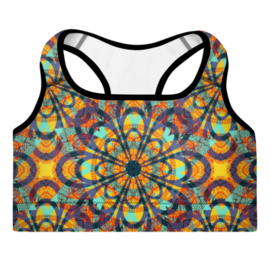 A sports bra with a multicolored floral kaleidoscope pattern.