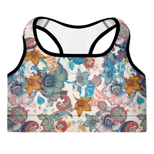 A sports bra with vintage floral pattern in various colors on a white background