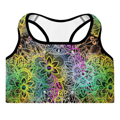 A multicolored mandala sports bra with a scoop neckline and racerback design.
