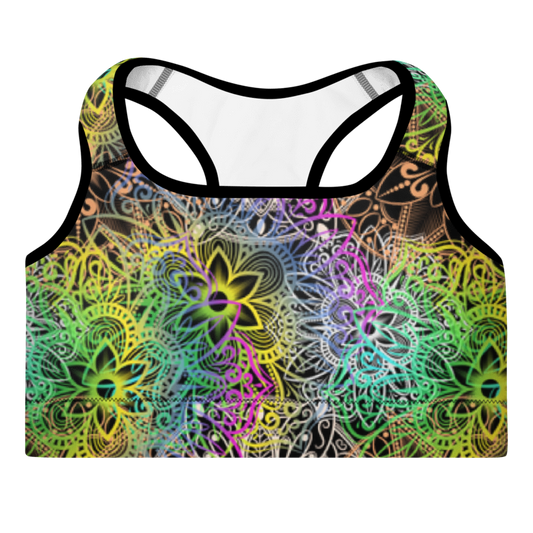 A multicolored mandala sports bra with a scoop neckline and racerback design.

