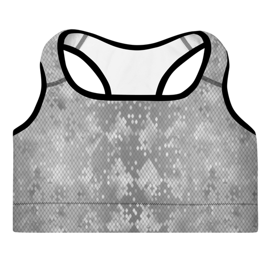 A sports bra with a snake print pattern in grey, featuring a scoop neckline, racerback, and wide shoulder straps with additional padding.