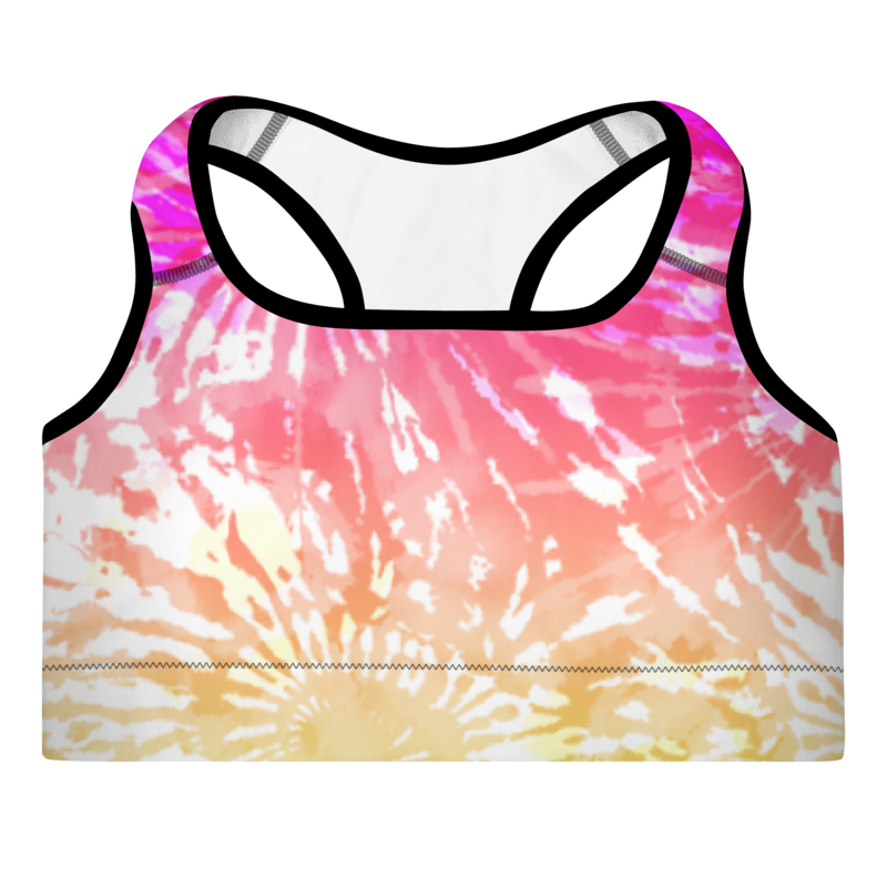A multicolored tie-dye sports bra with a scoop neckline and wide shoulder straps.