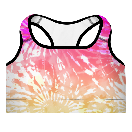 A multicolored tie-dye sports bra with a scoop neckline and wide shoulder straps.
