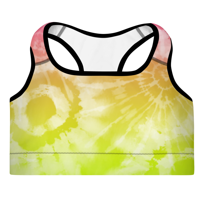 A tie-dye sports bra with multicolored stars on a white background, featuring a scoop neckline and wide shoulder straps.