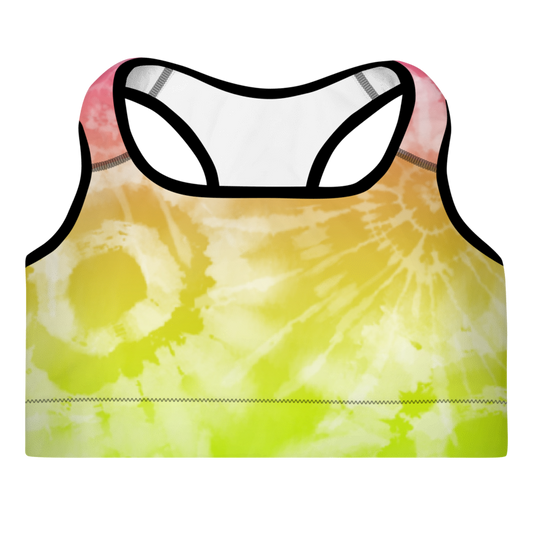 A tie-dye sports bra with multicolored stars on a white background, featuring a scoop neckline and wide shoulder straps.