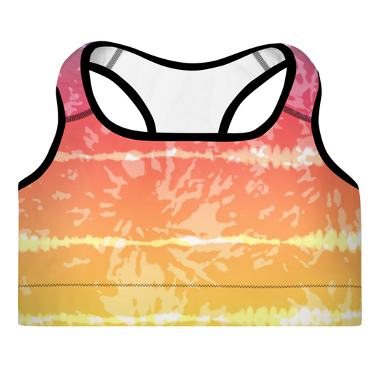 A tie-dye sports bra with multicolor stripes and a scoop neckline.