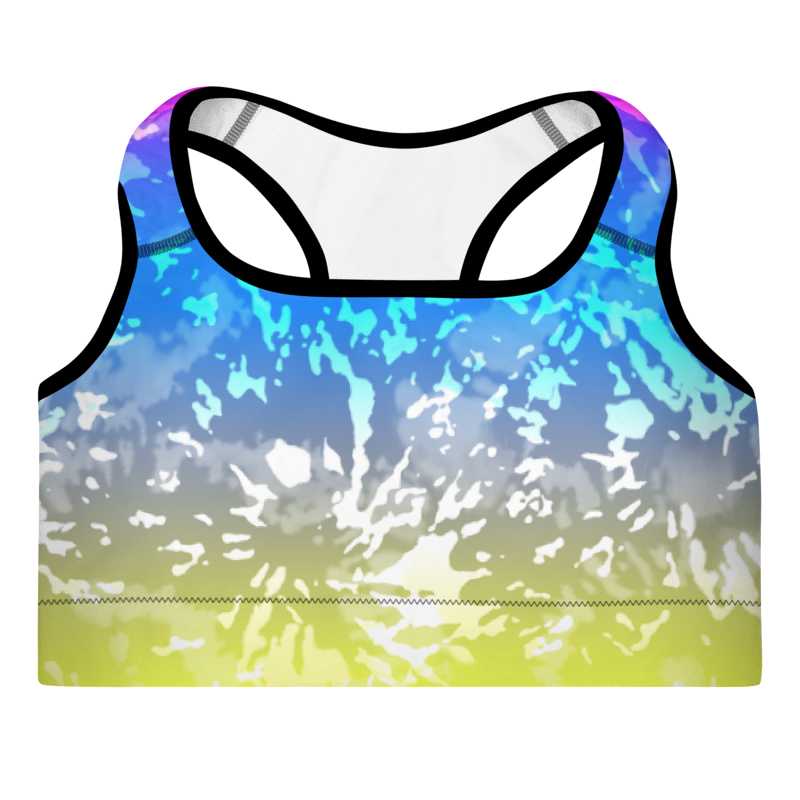 A multicolored tie-dye sports bra with a scoop neckline and racerback design.
