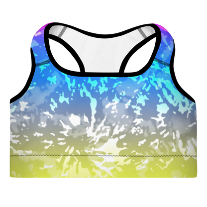 A multicolored tie-dye sports bra with a scoop neckline and racerback design.