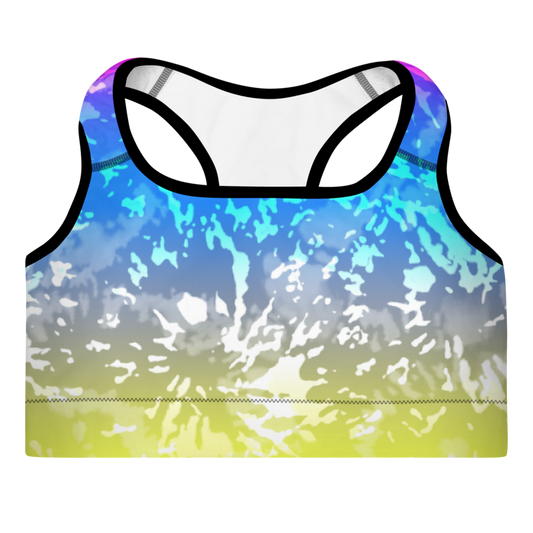 A multicolored tie-dye sports bra with a scoop neckline and racerback design.