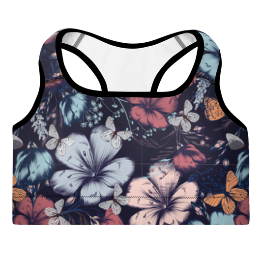 A multicolored floral sports bra with a scoop neckline and racerback design.