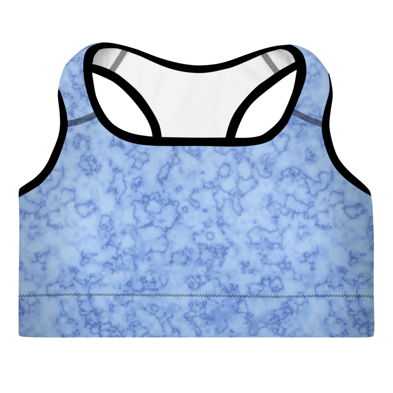 A light blue sports bra with a marble pattern, featuring broad shoulder straps and a scoop neckline.
