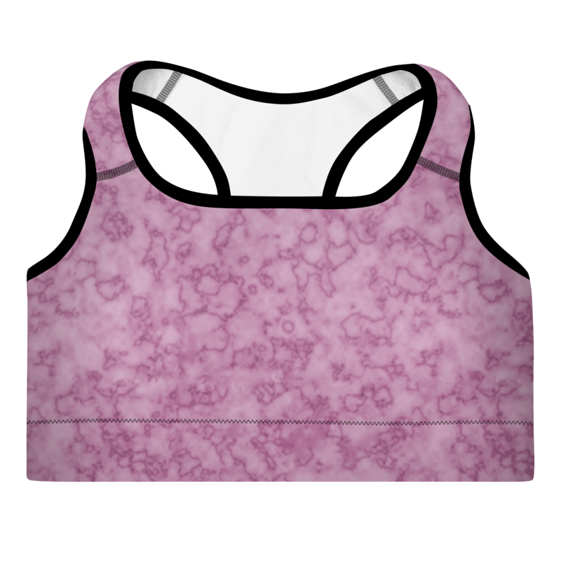 A marble dark pink sports bra with a scoop neckline, racerback design, and padded cups.