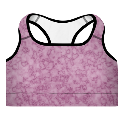 A marble dark pink sports bra with a scoop neckline, racerback design, and padded cups.