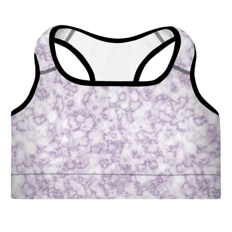 A multicolored marble sports bra with a scoop neckline and racerback design