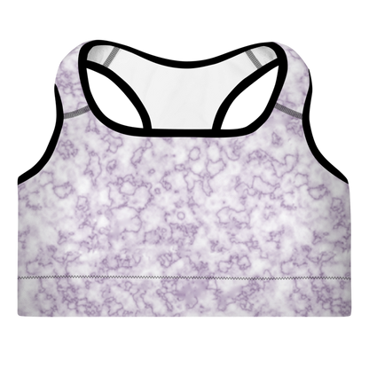 A multicolored marble sports bra with a scoop neckline and racerback design