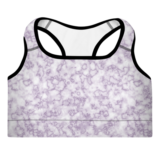 A multicolored marble sports bra with a scoop neckline and racerback design