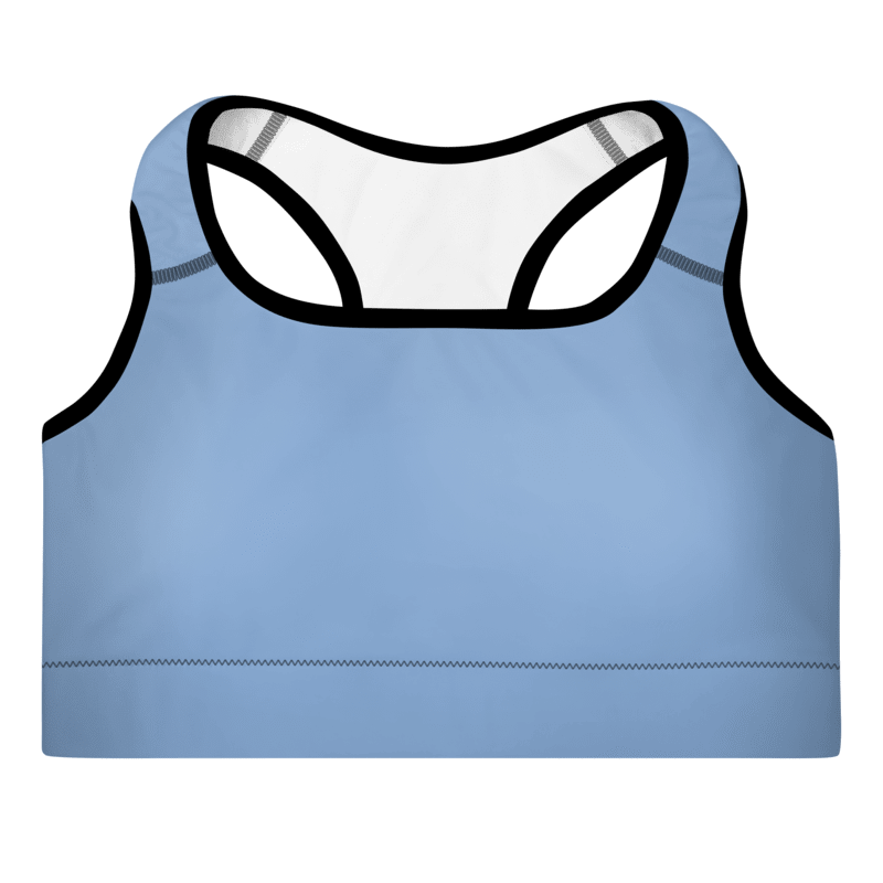 A light blue padded sports bra with a scoop neckline, racerback design, and wide shoulder straps with support material.