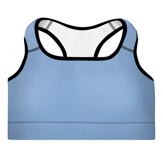 A light blue padded sports bra with a scoop neckline, racerback design, and wide shoulder straps with support material.