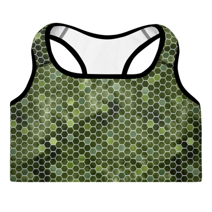 A sports bra with a honeycomb pattern in various shades of green.