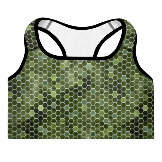 A sports bra with a honeycomb pattern in various shades of green.