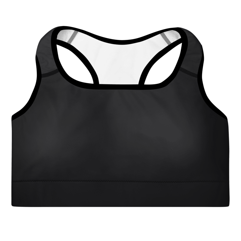 A black coloured sports bra with a scoop neckline and racerback design.
