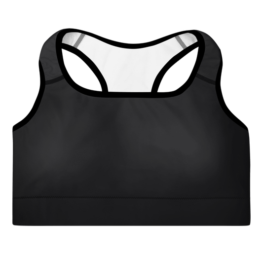 A black coloured sports bra with a scoop neckline and racerback design.