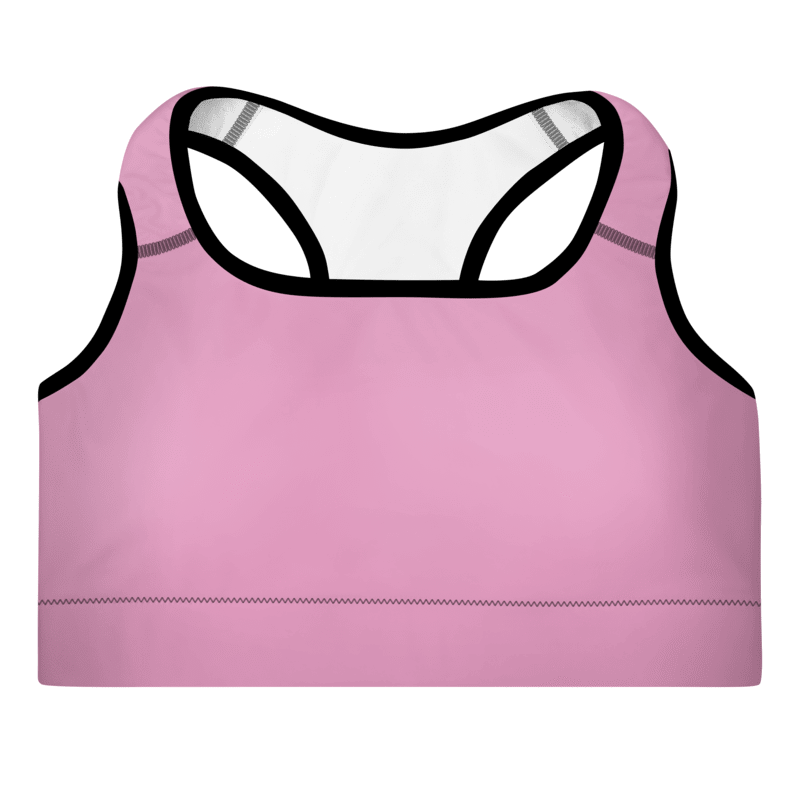 A pink sports bra with a scoop neckline, racerback design, and adjustable straps with support material in the shoulder straps. The material appears to be moisture-wicking and there is a visible brand logo.