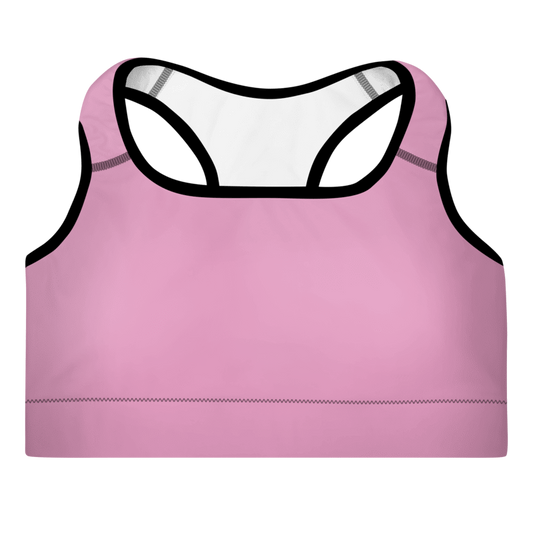 A pink sports bra with a scoop neckline, racerback design, and adjustable straps with support material in the shoulder straps. The material appears to be moisture-wicking and there is a visible brand logo.
