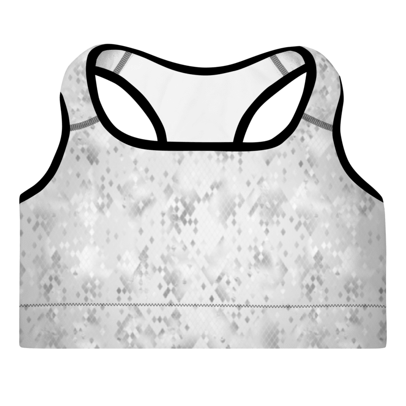 A white sports bra with a snake print pattern, featuring a scoop neckline, racerback design, and padded shoulder straps.
