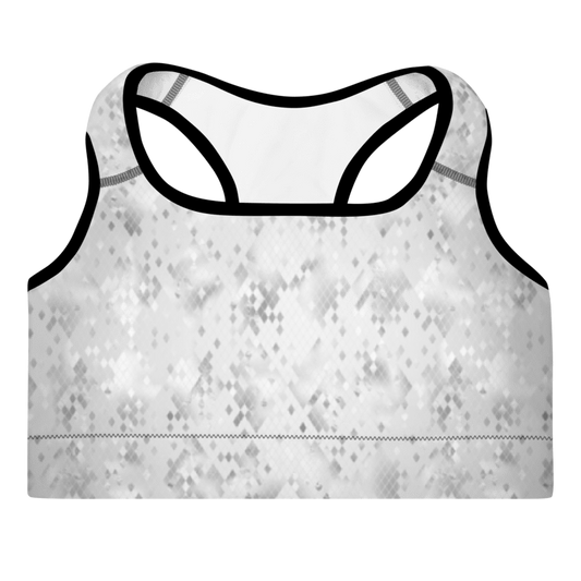 A white sports bra with a snake print pattern, featuring a scoop neckline, racerback design, and padded shoulder straps.