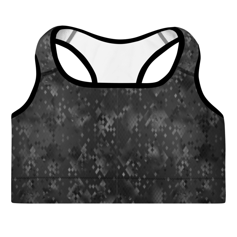 A black padded sports bra with a snake print pattern and removable padding.