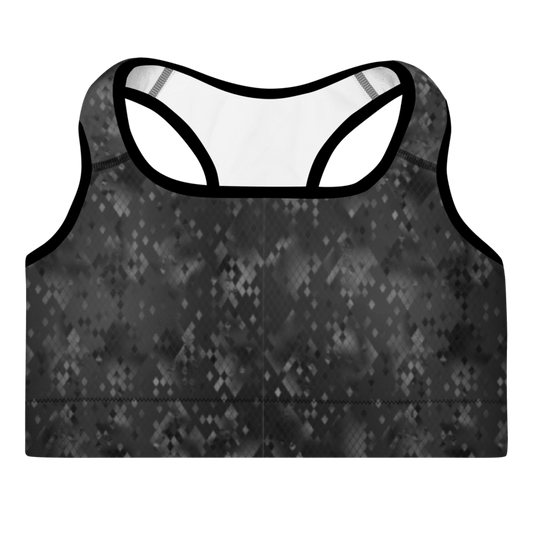 A black padded sports bra with a snake print pattern and removable padding.