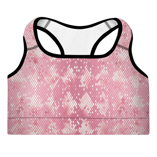 A pink sports bra with snake print and a scoop neckline.