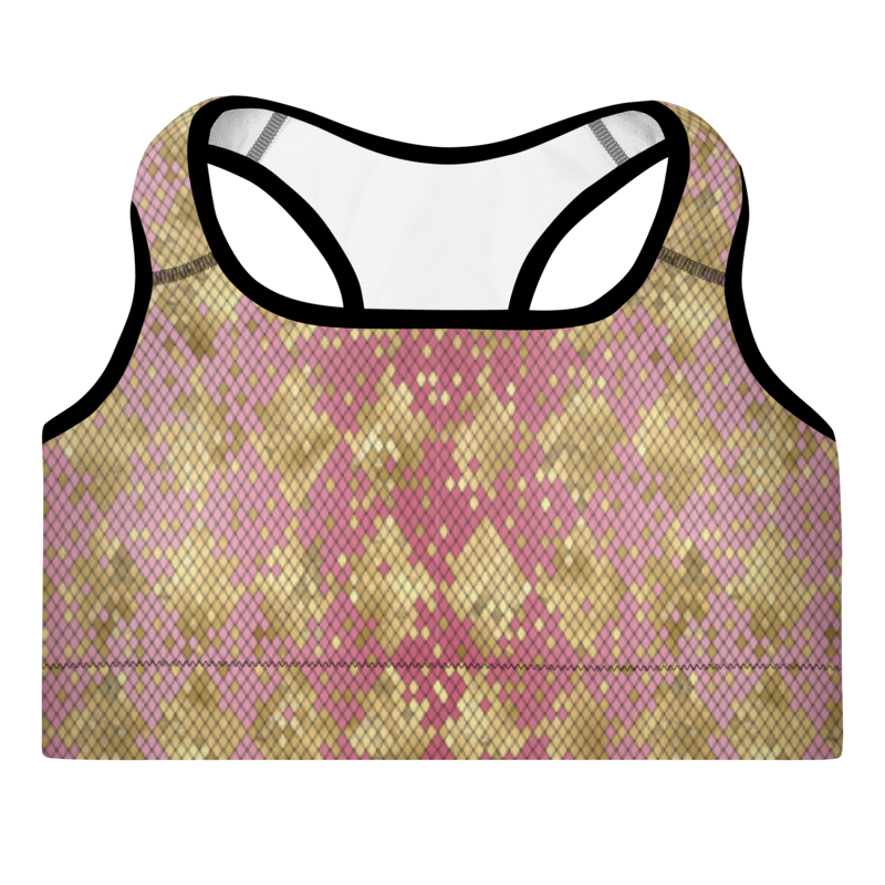 A sports bra with pink and gold snake-like print, featuring a scoop neckline, racerback design, and shoulder straps.