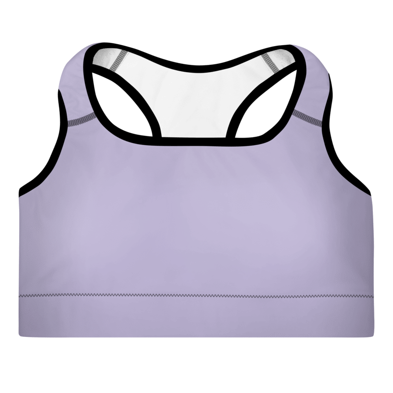 A lavender padded sports bra with a scoop neckline, racerback design, and adjustable straps.