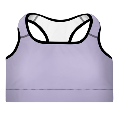 A lavender padded sports bra with a scoop neckline, racerback design, and adjustable straps.