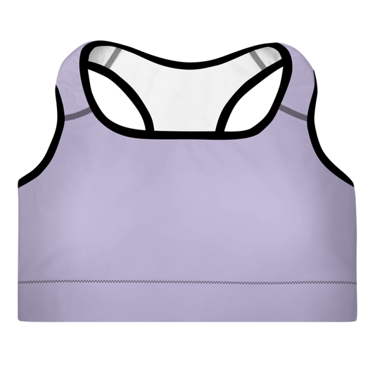 A lavender padded sports bra with a scoop neckline, racerback design, and adjustable straps.