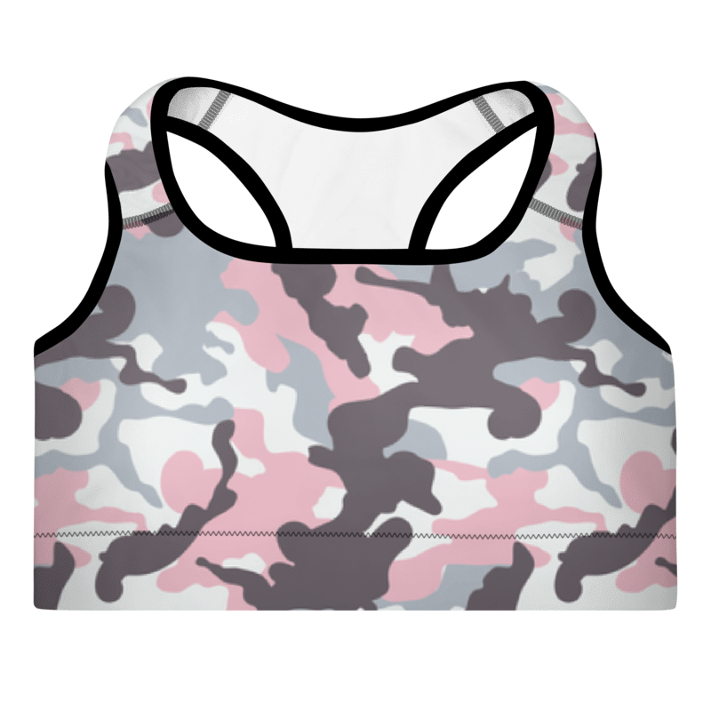A multicolored Camouflage sports bra with a scoop neckline and racerback design.