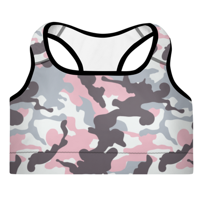 A multicolored Camouflage sports bra with a scoop neckline and racerback design.