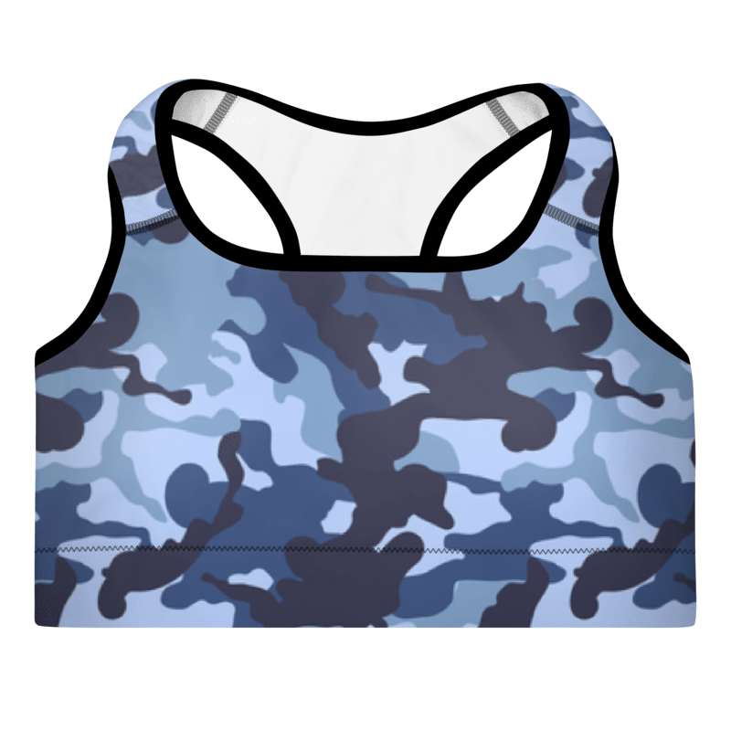 A multicolored Camouflage bra with a scoop neckline and racerback design.