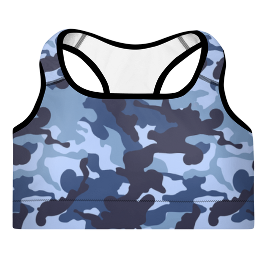 A multicolored Camouflage bra with a scoop neckline and racerback design.