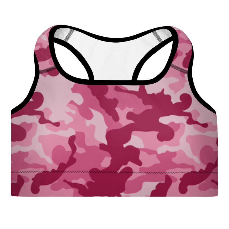 A sports bra with a camouflage pattern in dark pink and white colors, featuring a scoop neckline and wide shoulder straps with support material.