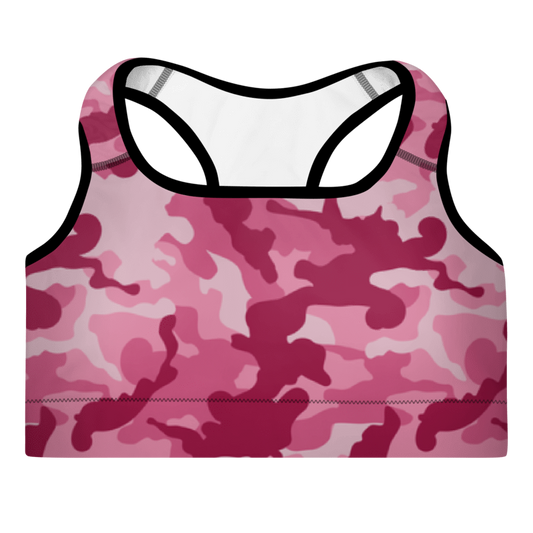 A sports bra with a camouflage pattern in dark pink and white colors, featuring a scoop neckline and wide shoulder straps with support material.
